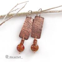 Hammered Textured Copper Earrings with Dangling Earthy Natural Red Creek Jasper Stones