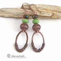 Wire Wrapped Copper Hoop Earrings with Filigree Beads & Green Serpentine Gemstones