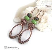 Wire Wrapped Copper Hoop Earrings with Filigree Beads & Green Serpentine Gemstones