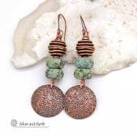 Textured Copper Dangle Earrings with African Turquoise Stones - Earthy Chic Natural Stone Jewelry