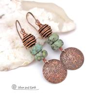 Textured Copper Dangle Earrings with African Turquoise Stones - Earthy Chic Natural Stone Jewelry