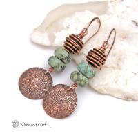 Textured Copper Dangle Earrings with African Turquoise Stones - Earthy Chic Natural Stone Jewelry