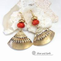 Textured Gold Brass Earrings with Red Coral - Unique Boho Chic Style Jewelry