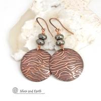 Modern Round Copper Earrings with Embossed Texture and Gray Pyrite Gemstones