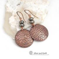 Modern Round Copper Earrings with Embossed Texture and Gray Pyrite Gemstones