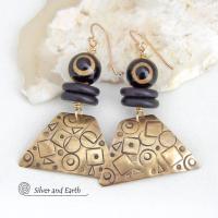 Hand Stamped Gold Brass Earrings with Tibetan Eye Agate Stones - Artisan Handcrafted Abstract Funky Mod Jewelry