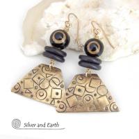 Hand Stamped Gold Brass Earrings with Tibetan Eye Agate Stones - Artisan Handcrafted Abstract Funky Mod Jewelry