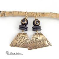 Hand Stamped Gold Brass Earrings with Tibetan Eye Agate Stones - Artisan Handcrafted Abstract Funky Mod Jewelry