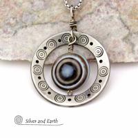 Silver Pewter Hand Stamped Circle Necklace with Black White Eye Agate Stone - Bold Unique One of a Kind Jewelry