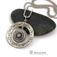 Silver Pewter Hand Stamped Circle Necklace with Black White Eye Agate Stone - Bold Unique One of a Kind Jewelry