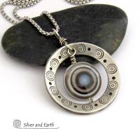 Silver Pewter Hand Stamped Circle Necklace with Black White Eye Agate Stone - Bold Unique One of a Kind Jewelry
