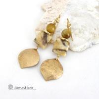 Shiny Gold Brass Dangle Earrings with Graphic Feldspar and Golden Tiger's Eye Gemstones
