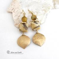 Shiny Gold Brass Dangle Earrings with Graphic Feldspar and Golden Tiger's Eye Gemstones