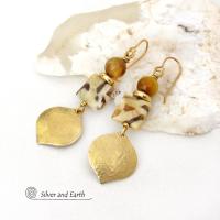 Shiny Gold Brass Dangle Earrings with Graphic Feldspar and Golden Tiger's Eye Gemstones