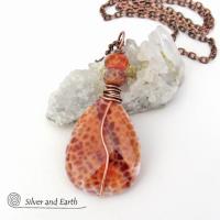 Orange Fire Agate Gemstone Pendant Necklace Wire Wrapped in Copper - Earthy Modern One of a Kind Gemstone Jewelry