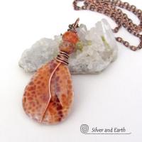 Orange Fire Agate Gemstone Pendant Necklace Wire Wrapped in Copper - Earthy Modern One of a Kind Gemstone Jewelry