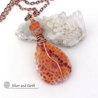 Orange Fire Agate Gemstone Pendant Necklace Wire Wrapped in Copper - Earthy Modern One of a Kind Gemstone Jewelry