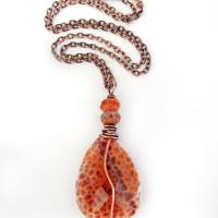 Orange Fire Agate Gemstone Pendant Necklace Wire Wrapped in Copper - Earthy Modern One of a Kind Gemstone Jewelry