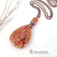 Orange Fire Agate Gemstone Pendant Necklace Wire Wrapped in Copper - Earthy Modern One of a Kind Gemstone Jewelry