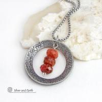 Hand Stamped Silver Pewter Circle Pendant Necklace with Faceted Orange Fire Agate Gemstones 