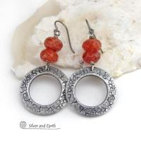 Hand Stamped Silver Pewter Circle Hoop Earrings with Faceted Orange Fire Agate Gemstones