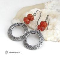 Hand Stamped Silver Pewter Circle Hoop Earrings with Faceted Orange Fire Agate Gemstones