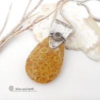 Agatized Fossil Coral Sterling Silver Necklace - Natural Ancient Fossil Stone Jewelry