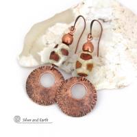 Bold Copper Earrings with Etched African Agate Giraffe Print Beads - Exotic Ethnic Tribal Jewelry