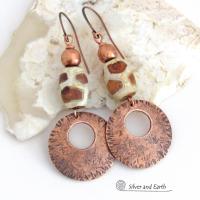 Bold Copper Earrings with Etched African Agate Giraffe Print Beads - Exotic Ethnic Tribal Jewelry