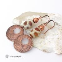 Bold Copper Earrings with Etched African Agate Giraffe Print Beads - Exotic Ethnic Tribal Jewelry