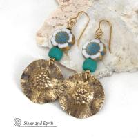 Textured Gold Brass Earrings with White & Blue Flower Glass Beads - Nature Gifts for Women