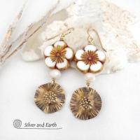 White Flower Gold Brass Earrings with Faceted Crystal Beads - Modern Elegant Nature Jewelry Gifts for Women