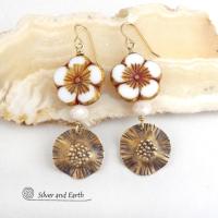 White Flower Gold Brass Earrings with Faceted Crystal Beads - Modern Elegant Nature Jewelry Gifts for Women
