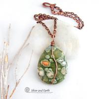 Small Green Rainforest Jasper Stone Pendant on Copper Chain Necklace