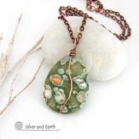 Small Green Rainforest Jasper Stone Pendant on Copper Chain Necklace