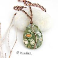 Small Green Rainforest Jasper Stone Pendant on Copper Chain Necklace
