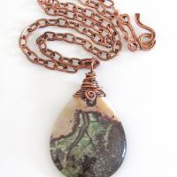 Copper Wire Wrapped Rhyolite Jasper Stone Pendant Necklace - Earthy Boho One of a Kind Natural Gemstone Jewelry