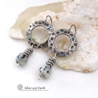 Silver Pewter Hand Stamped Hoop Earrings with Kiwi Jasper Stones - Modern Earthy Natural Stone Jewelry