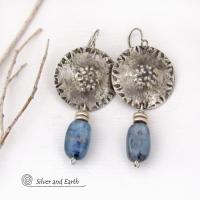 Textured Sterling Silver Earrings with Blue Kyanite Dangles - Artisan Handcrafted Sterling and Gemstone Jewelry