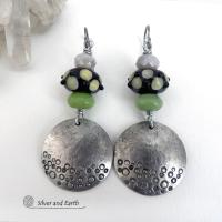 Pewter Earrings with Lampwork Beads and Green Serpentine Stones - Handcrafted Modern Boho Chic Jewelry