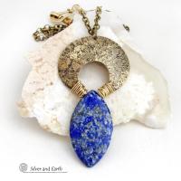 Blue Lapis Lazuli Gold Brass Pendant Necklace - Bold Chic Natural Gemstone Jewelry