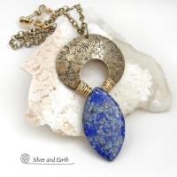 Blue Lapis Lazuli Gold Brass Pendant Necklace - Bold Chic Natural Gemstone Jewelry