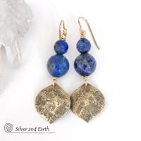 Faceted Blue Lapis Lazuli Earrings with Gold Brass Dangles - Elegant Chic Modern Faceted Gemstone Jewelry