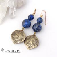 Faceted Blue Lapis Lazuli Earrings with Gold Brass Dangles - Elegant Chic Modern Faceted Gemstone Jewelry