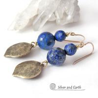 Faceted Blue Lapis Lazuli Earrings with Gold Brass Dangles - Elegant Chic Modern Faceted Gemstone Jewelry