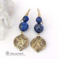 Faceted Blue Lapis Lazuli Earrings with Gold Brass Dangles - Elegant Chic Modern Faceted Gemstone Jewelry