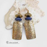 Gold Brass Earrings with Blue Lapis Lazuli Gemstones - Artisan Handcrafted Modern Elegant Boho Chic Jewelry