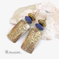 Gold Brass Earrings with Blue Lapis Lazuli Gemstones - Artisan Handcrafted Modern Elegant Boho Chic Jewelry