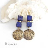 Blue Lapis Lazuli Gemstone Earrings with Small Hand Stamped Gold Brass Dangles
