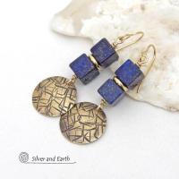 Blue Lapis Lazuli Gemstone Earrings with Small Hand Stamped Gold Brass Dangles